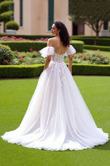 Off The Shoulder Ivory A Line Appliqued Wedding Dress